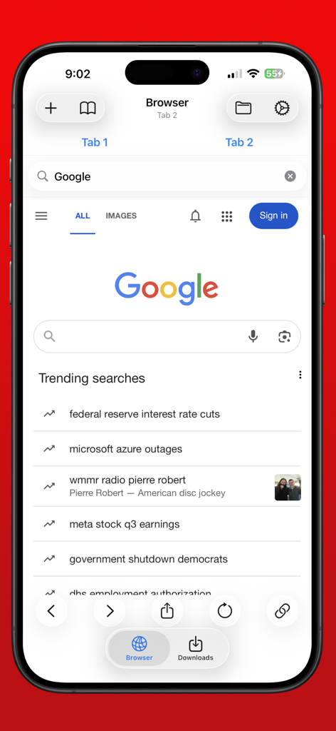 eBrowser mobile App-Oberfläche, die die permanente Inkognito-Suche auf dem iPhone zeigt