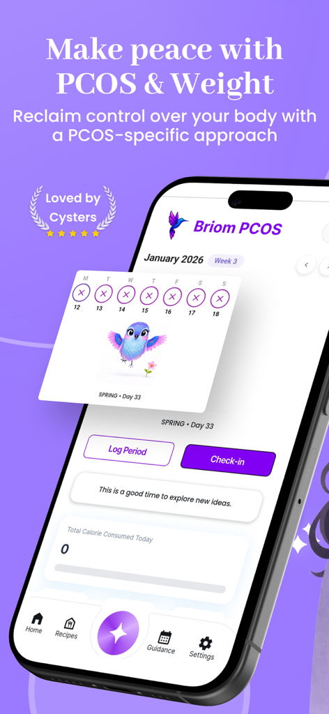 Briom:PCOS weight loss - Briom PCOS app interface showing cycle tracking and hormonal health features