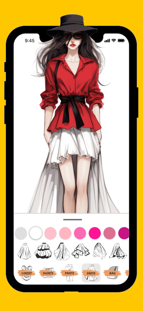 Mobile app interface for fashion design showing a model illustration and garment sketch tools