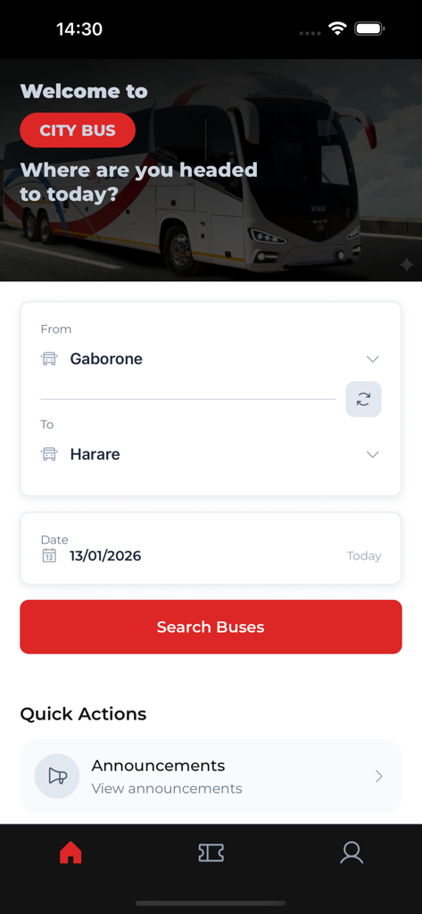 CityBus - Ecrã inicial da aplicação CityBus com um formulário de pesquisa de rota de autocarro com locais de origem e destino e um botão de pesquisa