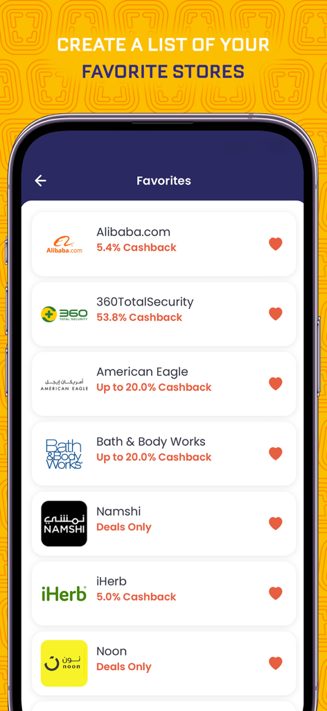 Una pantalla de aplicación móvil que muestra una lista de tiendas favoritas y sus ofertas de cashback actuales, como Alibaba y American Eagle.