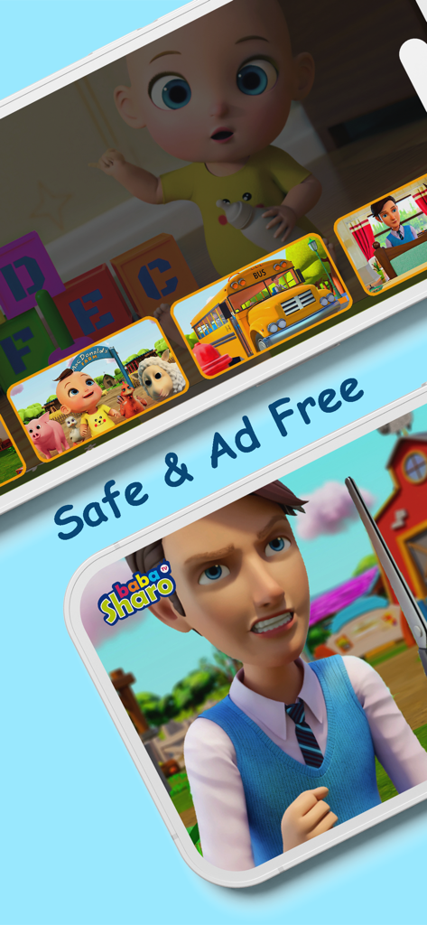 L'écran de l'application BabaSharo Kids montrant des comptines animées sûrs et sans publicité pour les enfants.