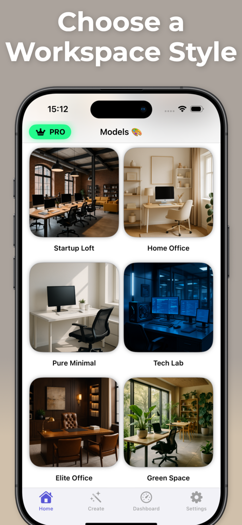 Office & Home Design Planner - Interface do aplicativo Office and Home Design Planner mostrando vários estilos de design de espaço de trabalho como Startup Loft, Home Office e Tech Lab.