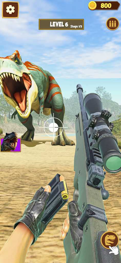 Dinosaur Hunting-Universe Game - A first-person shooter view of a player aiming a sniper rifle at a large T-Rex in a dinosaur hunting game