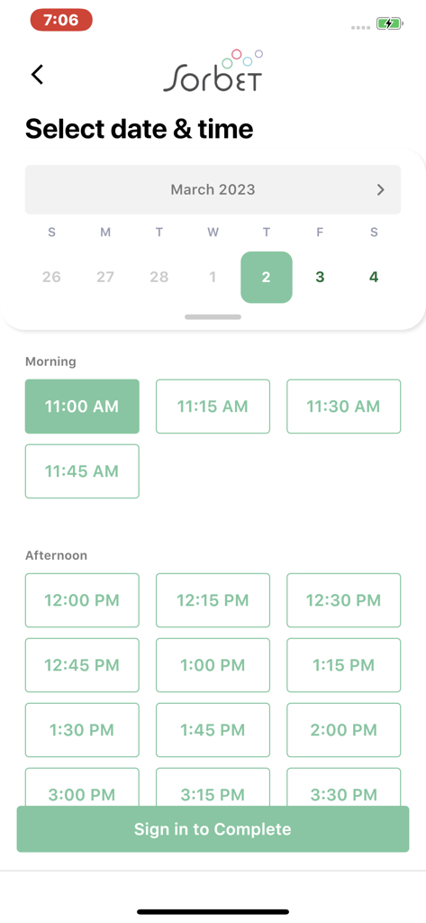 Die Benutzeroberfläche der Sorbet Group App zeigt die Auswahl von Datum und Uhrzeit für einen Salontermin an.