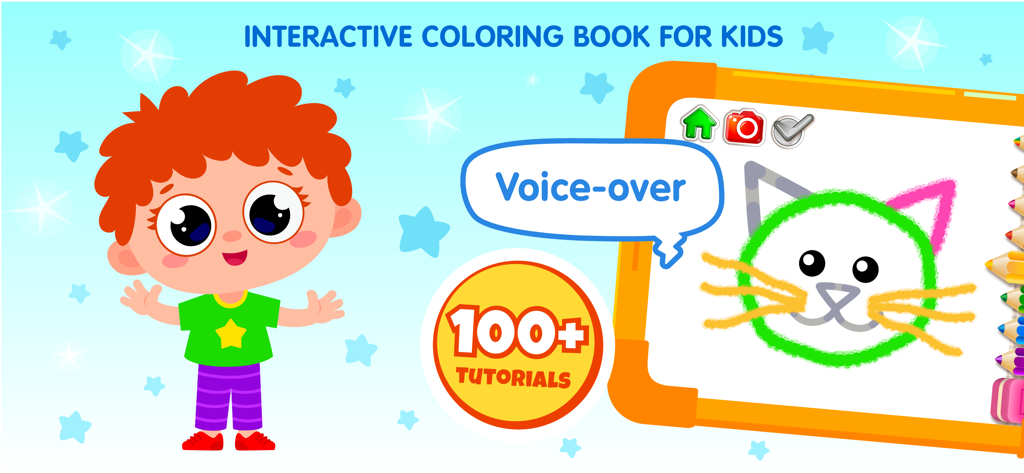 Drawing Games Apps for Kids - Interactive coloring book for kids featuring a cat drawing tutorial with voice-over and over 100 activities