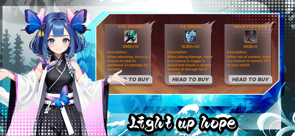 Anime style character next to item descriptions for Evil Sword and Ice Armor with stats