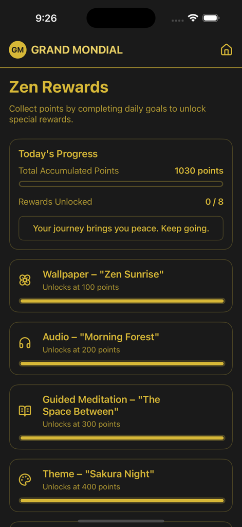Grand Mondial Mobile - Grand Mondial Mobile Zen Rewards画面、壁紙や瞑想などのアンロック可能なマインドフルネスコンテンツが表示されています。