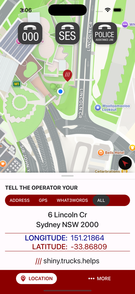 Emergency Plus - Emergency Plus app interface displaying a map of Sydney with emergency call buttons and precise location details