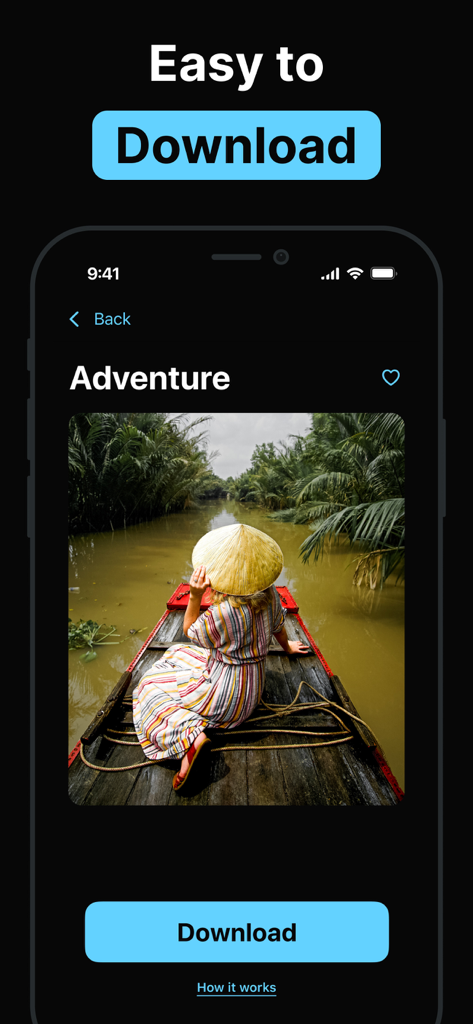 Presets for Lightroom Editor - ダウンロードボタンが付いたLightroomプリセットの「アドベンチャー」というタイトルの旅行写真を表示するモバイル画面