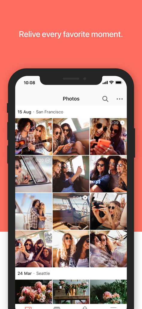 App Synology Photos con galleria che mostra foto in ordine cronologico su un iPhone