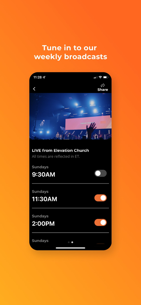 Elevation 앱 인터페이스, 일요일 아침 라이브 예배 방송 시간 표시
