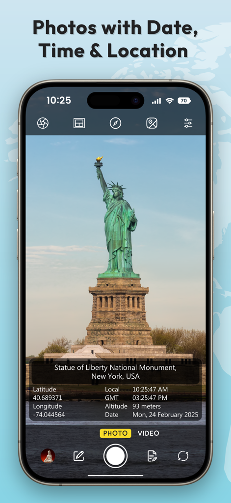 A smartphone screen showing the GPS Map Camera Lite app interface with a photo of the Statue of Liberty and location data overlay including coordinates and date.