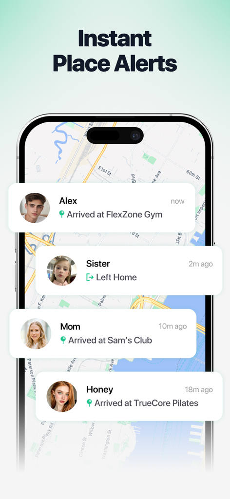 Find Location: Phone Tracker - A smartphone displaying instant place alerts and notifications for family member locations on a map.