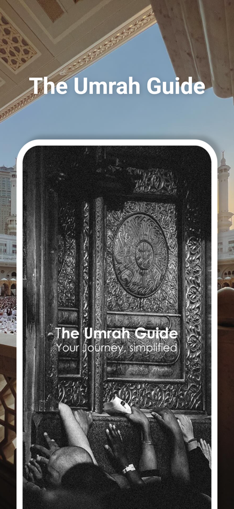Intro screen of the Umrah Guide app showing pilgrims touching the Kaaba door in Mecca