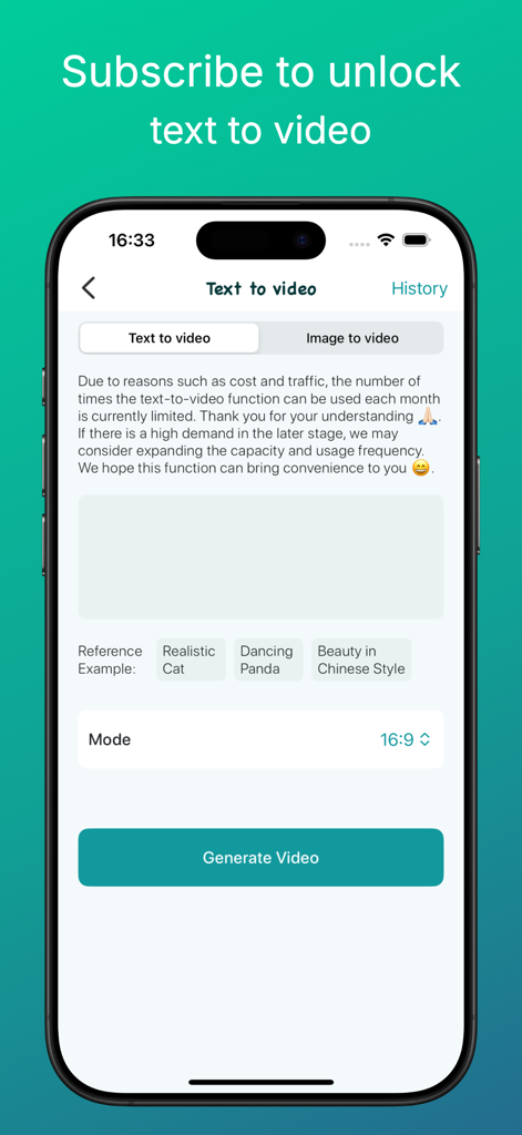 Kimi-AI app interface showing the text to video generation feature with prompt examples and mode selection