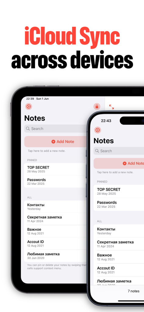 Lock Notes app interface showing private journal entries synchronized across iPhone and iPad screens