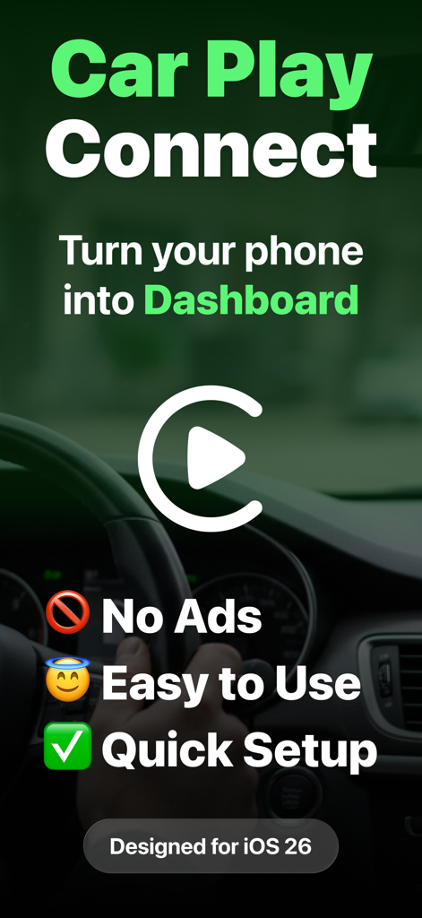 Car Play Connect app promotional screen showing dashboard features and quick setup options over a car interior background