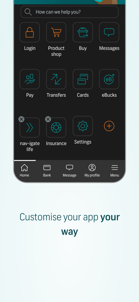 Interface do FNB Banking App mostrando um menu personalizável de ícones de serviços financeiros, incluindo pagamentos, transferências e seguros.