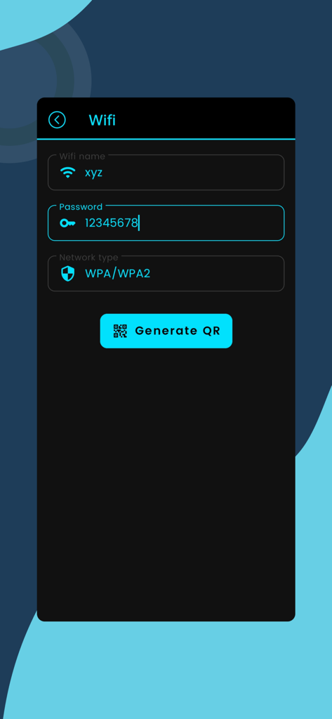 QR Verse - QR Code Generator - Interface of QR Verse app showing input fields to generate a WiFi QR code