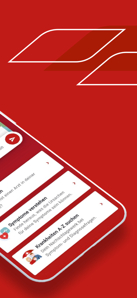 Generali Mobile Health - Pantalla de smartphone mostrando la interfaz de la aplicación Salud Móvil Generali con opciones de verificador de síntomas y enciclopedia de enfermedades