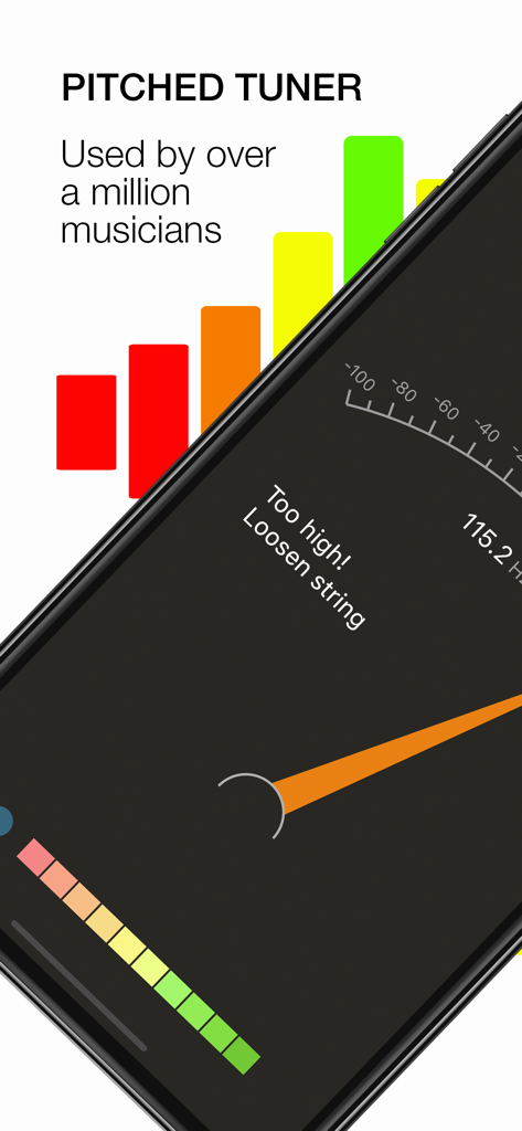 Pitched Tuner - Tuning App - Interfaccia dell'app mobile Pitched Tuner con un ago e quadrante di accordatura digitale con istruzioni per allentare la corda