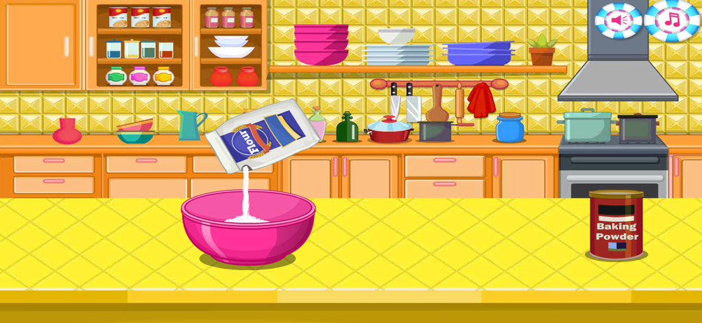 Cakes Maker : Cooking Desserts - Pouring flour into a pink bowl in a virtual kitchen