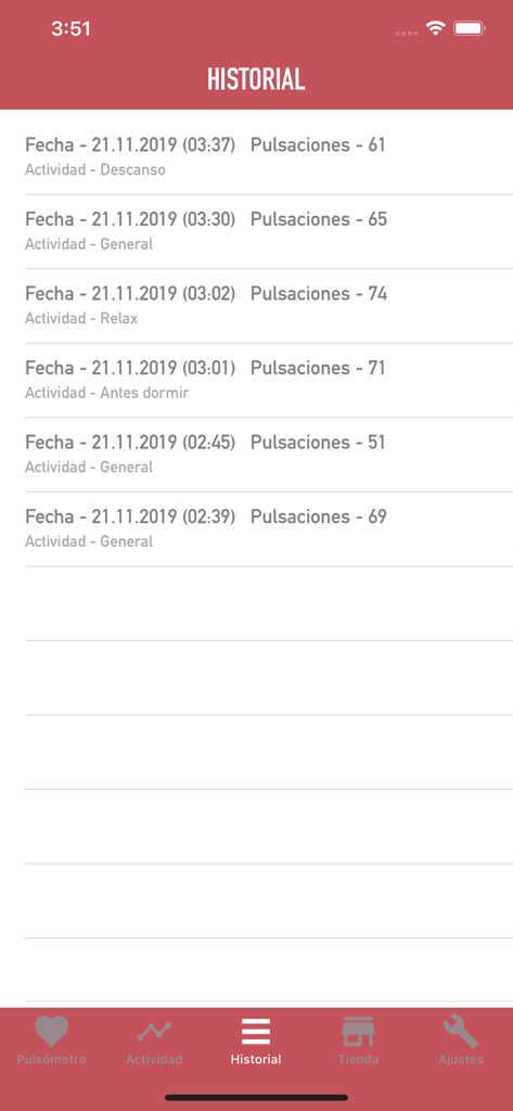 Tela de histórico mostrando uma lista de medições de frequência cardíaca com datas e atividades no aplicativo Pulsómetro