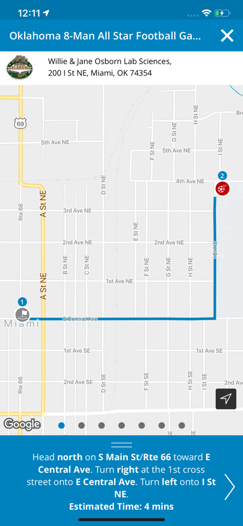 A navigation map within the Visit Miami OK app showing driving directions to a local football event.