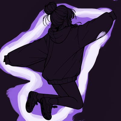 realistic girl jumping with a bun and oversized sweatshirt