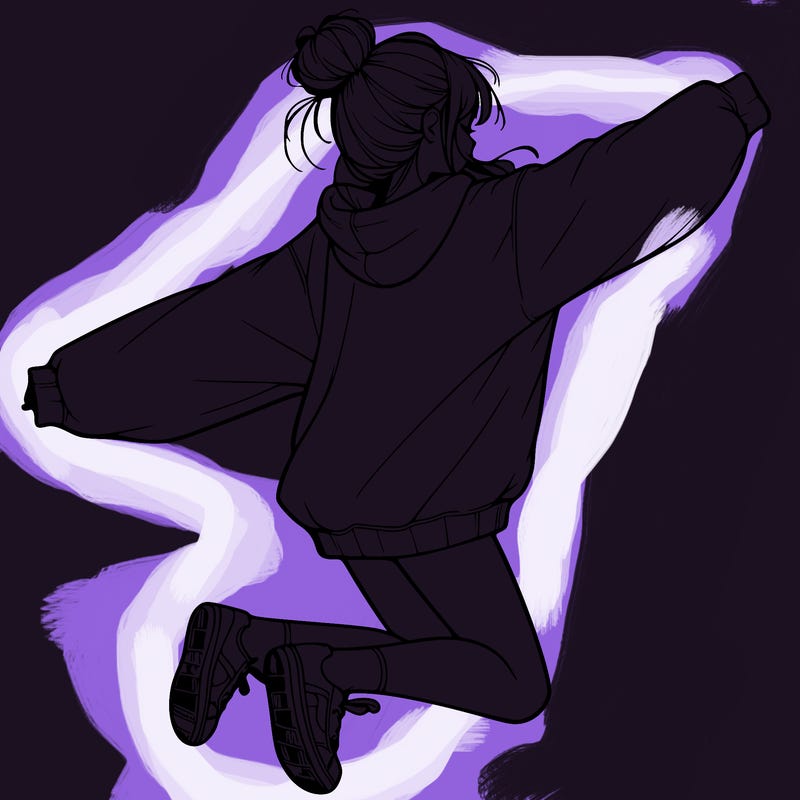 realistic girl jumping with a bun and oversized sweatshirt