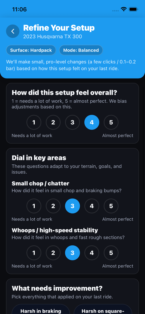 Dialed Offroad - Interface of the Dialed Offroad app showing a feedback form to refine dirt bike suspension based on overall feel and performance in small chop or whoops
