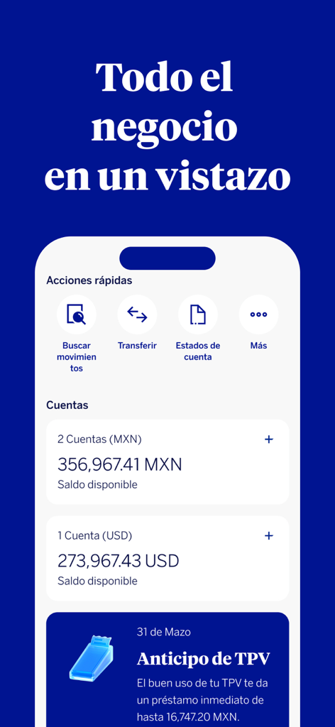 BBVA Empresas México - Dashboard dell'app BBVA Empresas Mexico che mostra i saldi dei conti aziendali in MXN e USD con accesso rapido a trasferimenti e estratti conto