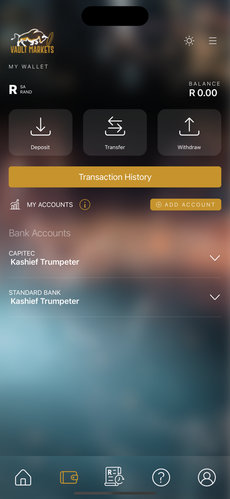 Vault Markets - Vault Markets mobile app wallet interface showing balance and transaction buttons for deposit transfer and withdrawal