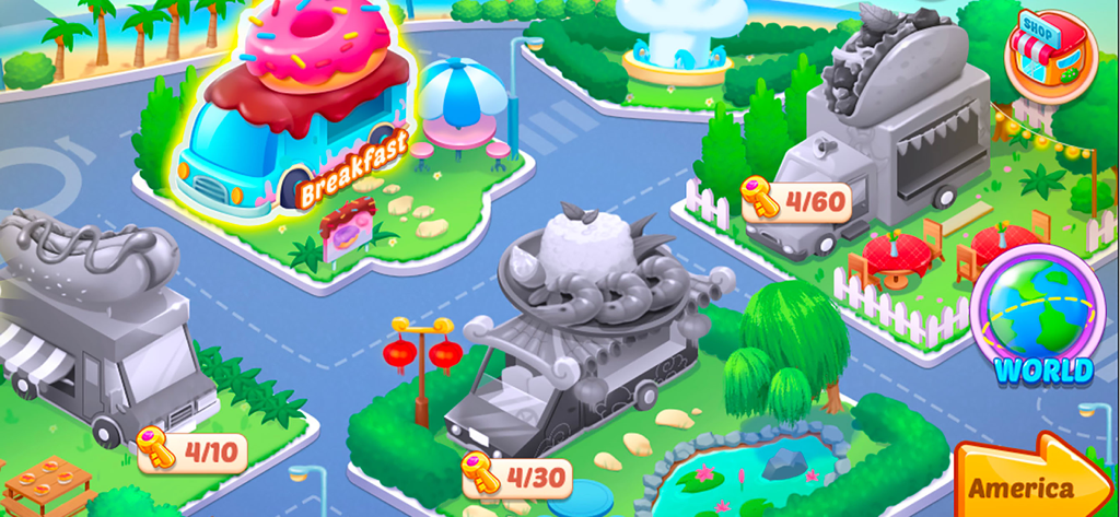 Vibrant game screen showing a selection of food trucks in the America region of Kitchen Crush Restaurant Game