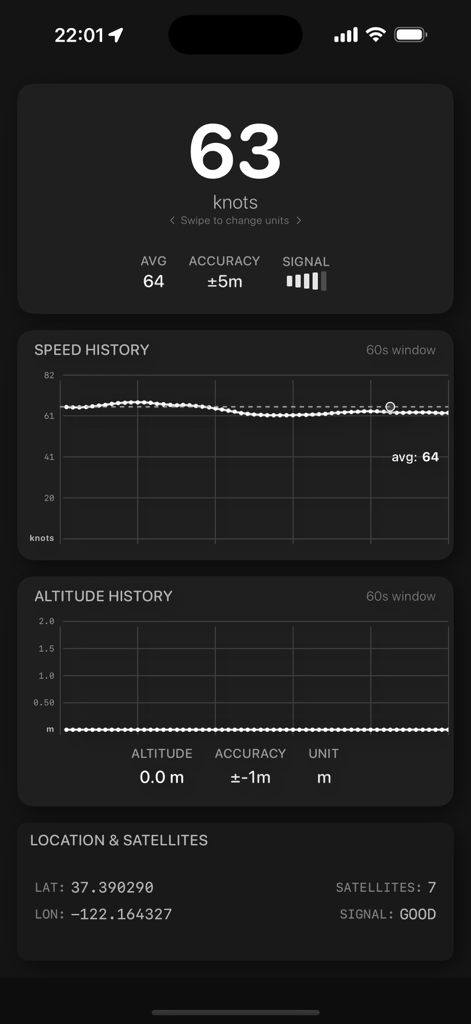 Speed Dash - Interface of the Speed Dash app displaying real-time speed in knots with speed history and altitude tracking graphs in dark mode
