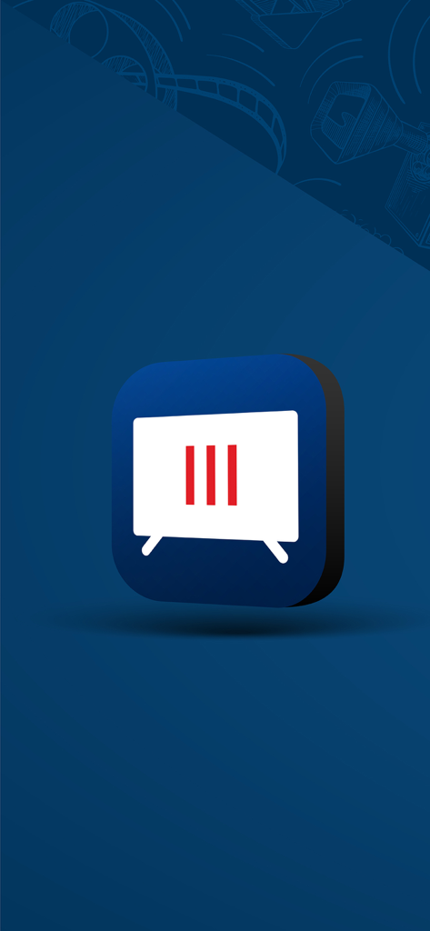 MTEL TV - Logo der MTEL TV App mit einem weißen Fernsehsymbol mit roten Balken auf blauem Hintergrund