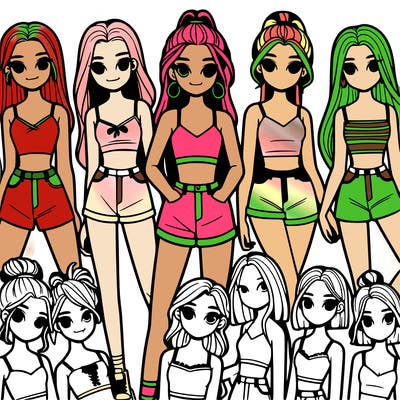 a group of girls wearing crop tops and shorts