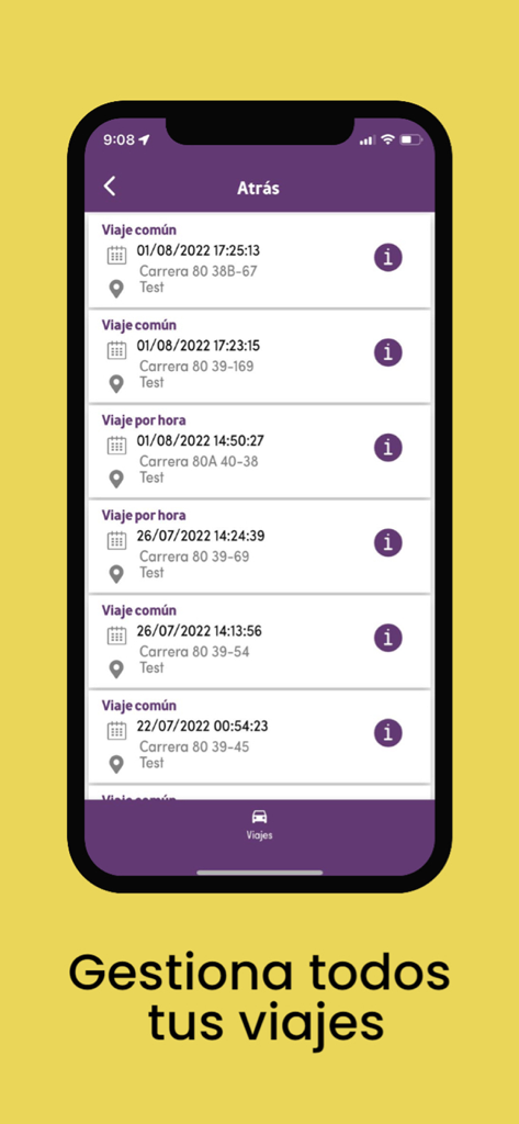 Tela do aplicativo Voy en Taxi exibindo uma lista de corridas de táxi anteriores com datas e endereços