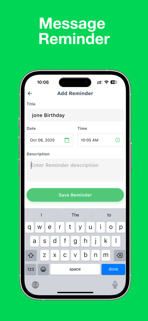 WhatScan : Dual Web Messenger - An iPhone screen displaying the Message Reminder interface in the WhatScan app with options to add a title date and time for reminders