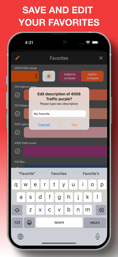 Master 3D Color. RAL PPG BEHR - Interface of the Master 3D Color app showing the edit description dialog for favorite paint colors