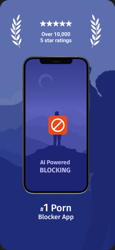 BlockerX porn blocker app screenshot with AI powered blocking feature and five star ratings.