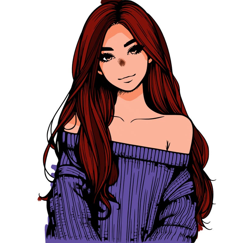 realistic girl with long hair wearing an off the shoulder sweater