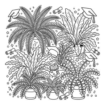 Mark a special achievement with this unique coloring page combining the tranquility of indoor ferns with the excitement of graduation day. Discover intricate botanical details intertwined with symbols of success, perfect for a relaxing and meaningful coloring session.