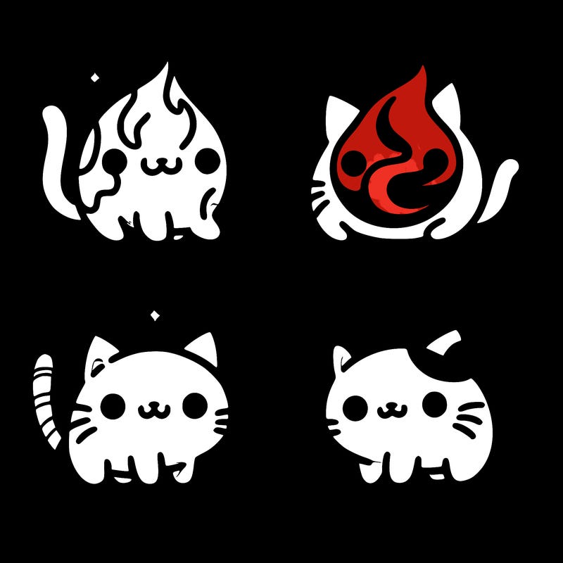 4 cats that represent the different elements, earth, water, air, and fire