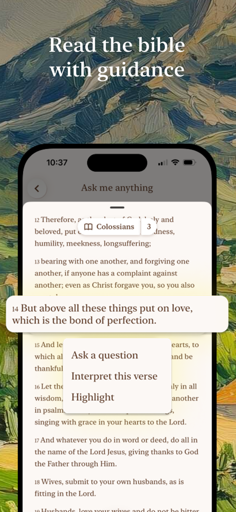 Haven - Bible Chat - Haven聖書チャットアプリを表示するスマートフォンの画面、聖句を解釈し、聖書を読みながら質問するためのオプションがあります。