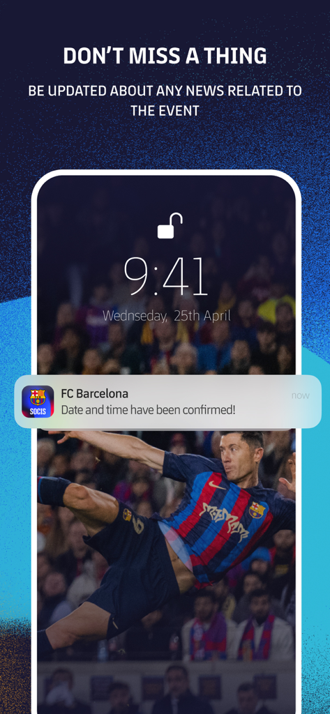 Notifica push dell'app Soci FC Barcelona su una schermata di blocco mobile che mostra una data evento confermata.