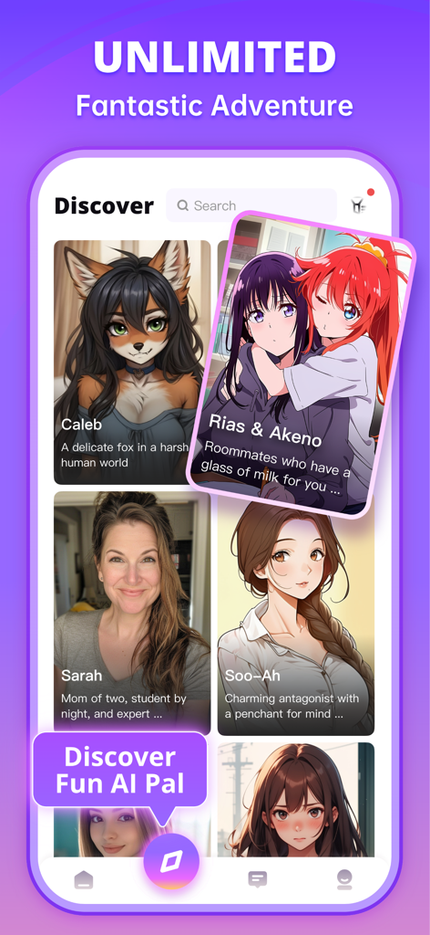 Rosytalk-RP lover AI character - Página de descubrimiento de la aplicación Rosytalk con varios personajes de IA para rol, incluidos estilos de anime y realistas