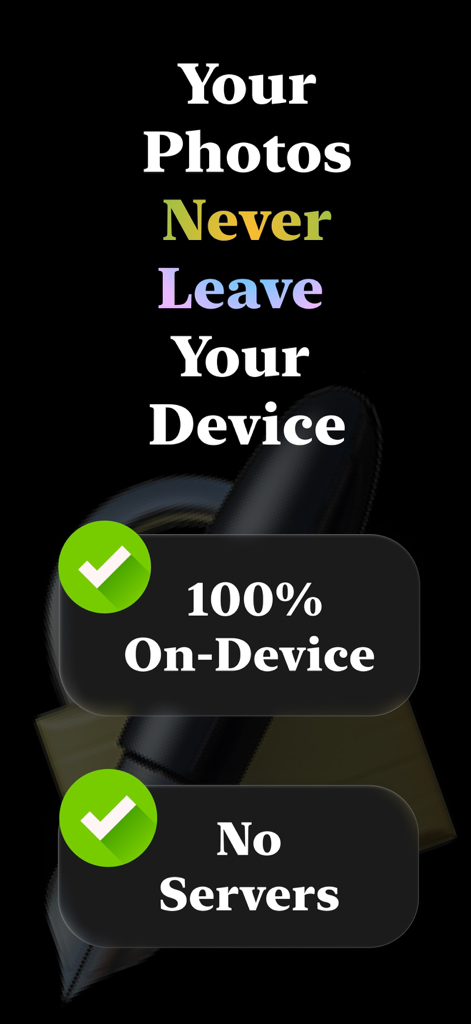 FlipYear app screen highlighting 100 percent on-device photo privacy with no servers.