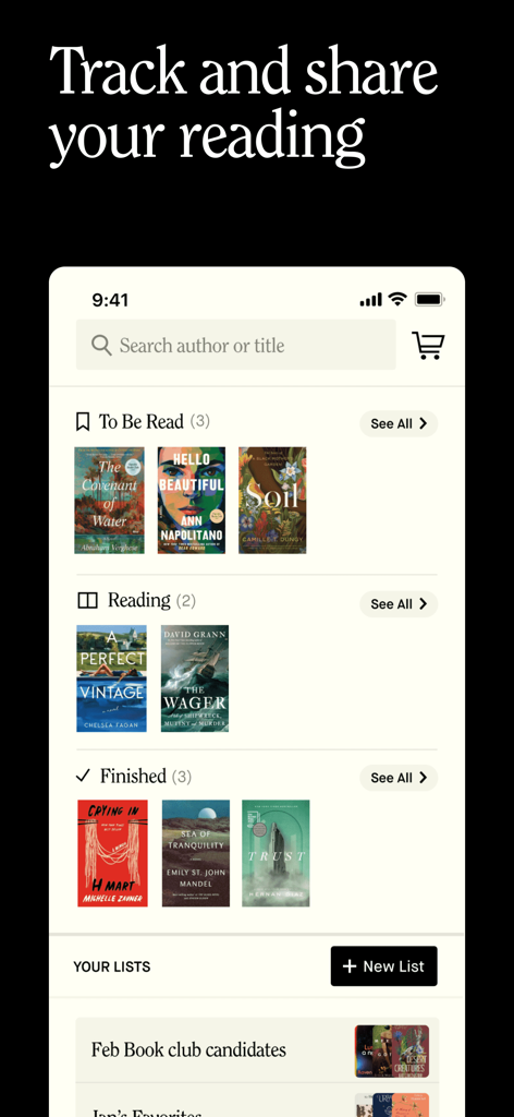 Tertulia - Interfaz de la aplicación Tertulia que muestra listas de libros personalizadas, categorizadas por libros para leer, actualmente leyendo y terminados.